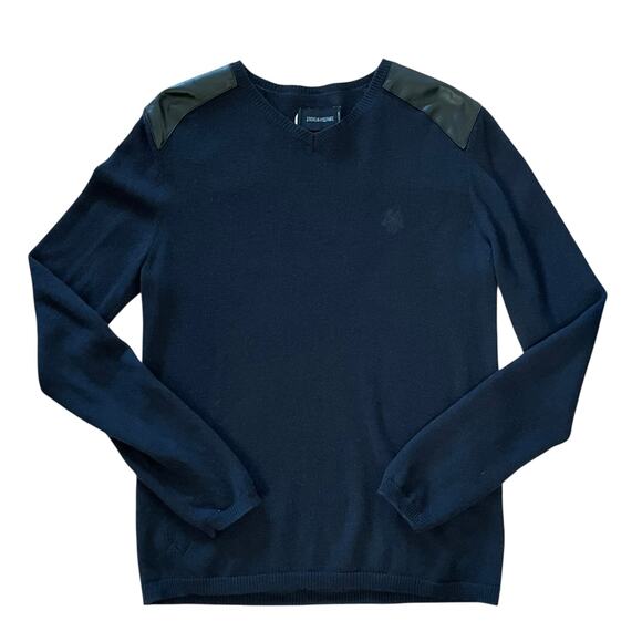 Zadig & Voltaire Peter Patch Navy Blue Wool Cashmere Leather Wolf V-Neck Sweater - Picture 1 of 10